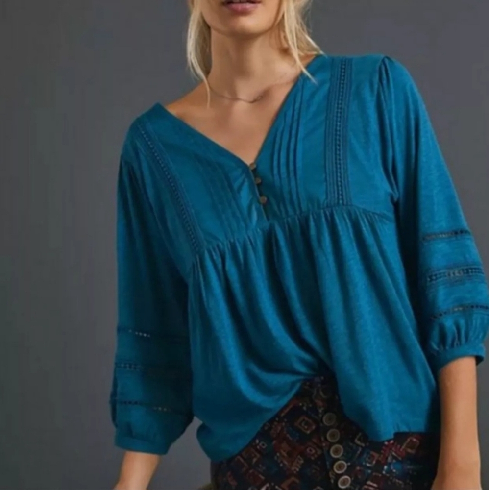 NWT Anthropologie Kaye Pintucked Babydoll Teal Top Size XSmall
